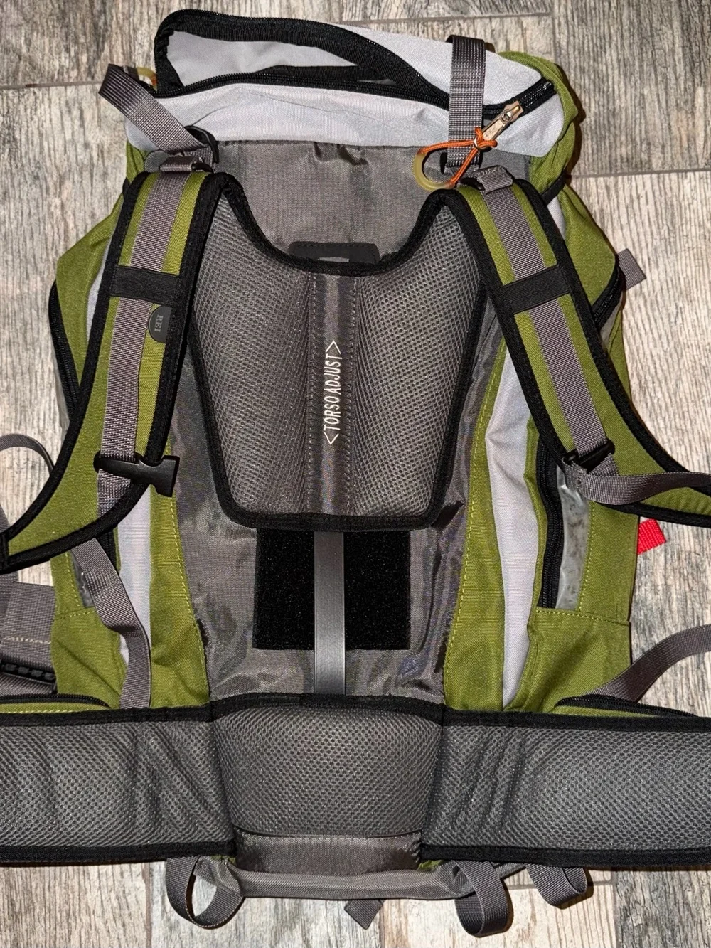 REI Olive Green and Gray Hiking Backpack with Orange Accents